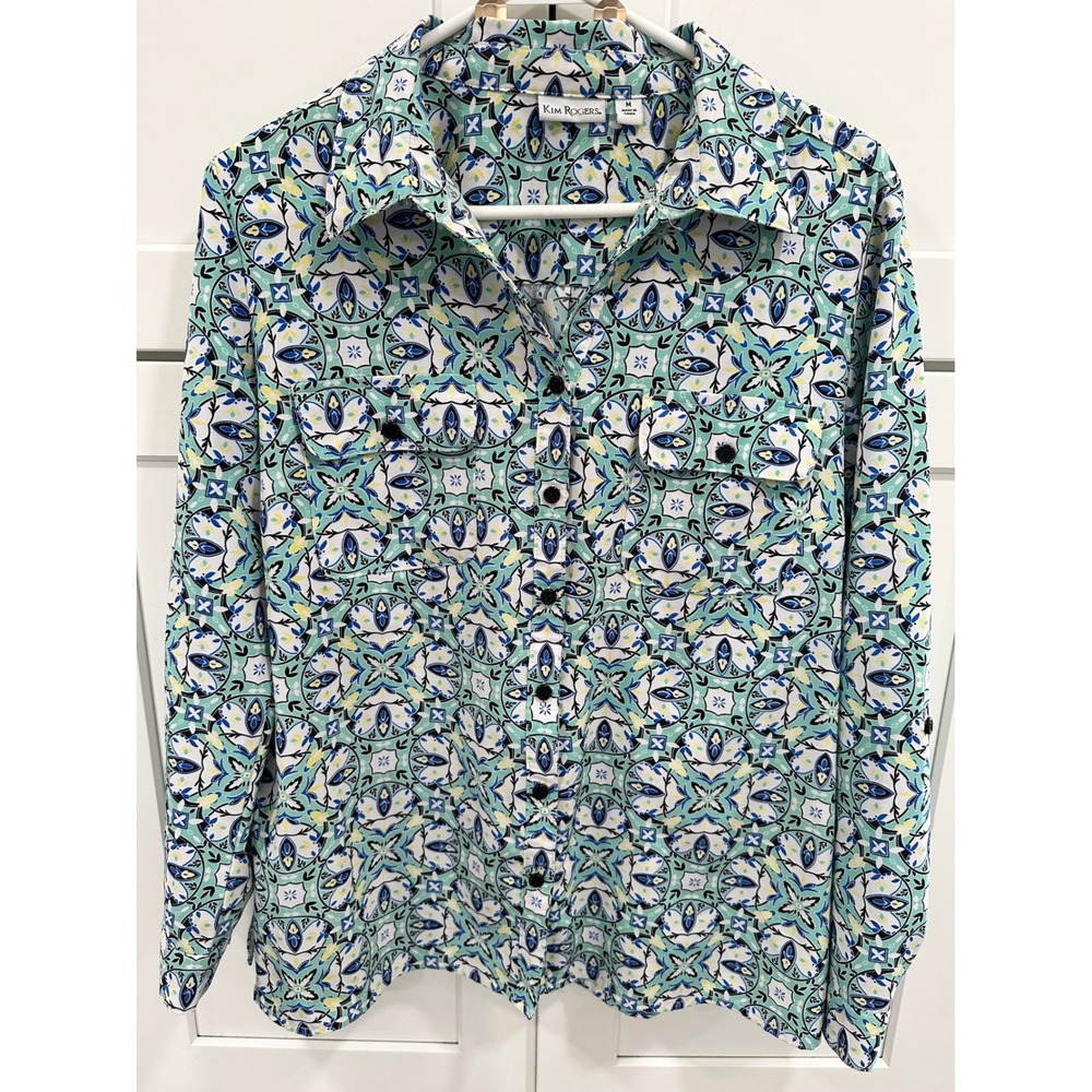 Kim Rogers Teal Blue Geometric Medallion Print Button Up Roll Tab Blouse Medium